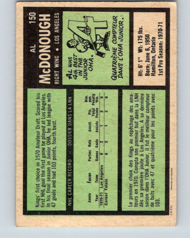 1971-72 O-Pee-Chee #150 Al McDonough RC Rookie Los Angeles Kings V9392