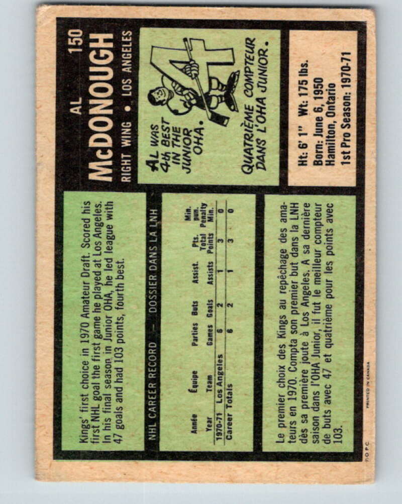 1971-72 O-Pee-Chee #150 Al McDonough RC Rookie Los Angeles Kings V9393