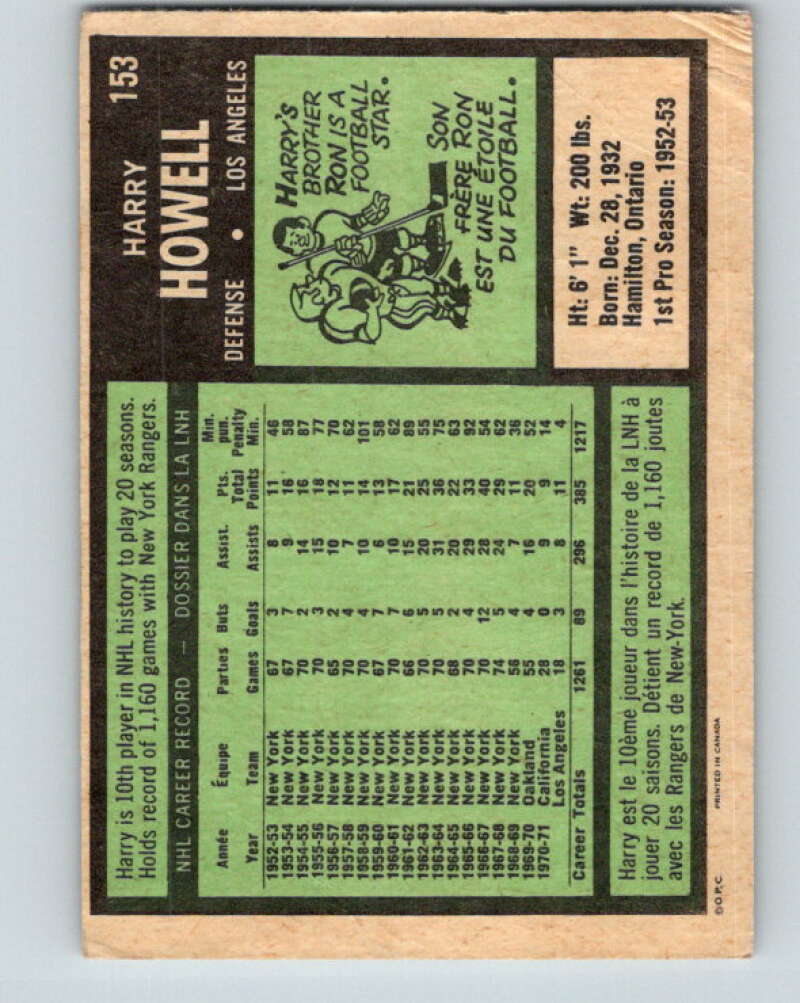 1971-72 O-Pee-Chee #153 Harry Howell Los Angeles Kings V9407