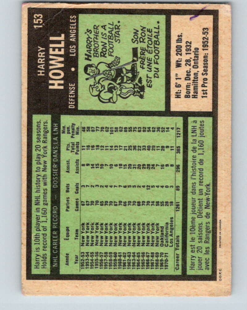 1971-72 O-Pee-Chee #153 Harry Howell Los Angeles Kings V9409