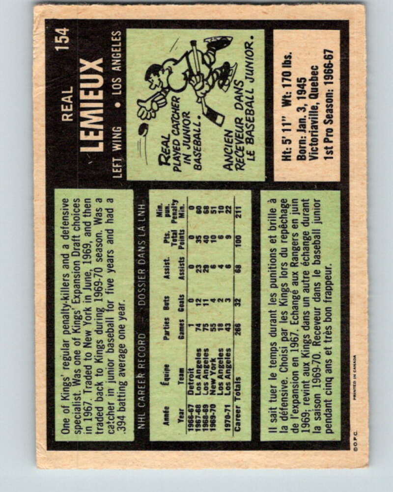 1971-72 O-Pee-Chee #154 Real Lemieux Los Angeles Kings V9412