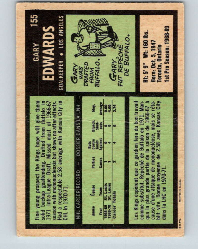 1971-72 O-Pee-Chee #155 Gary Edwards RC Rookie Los Angeles Kings V9413