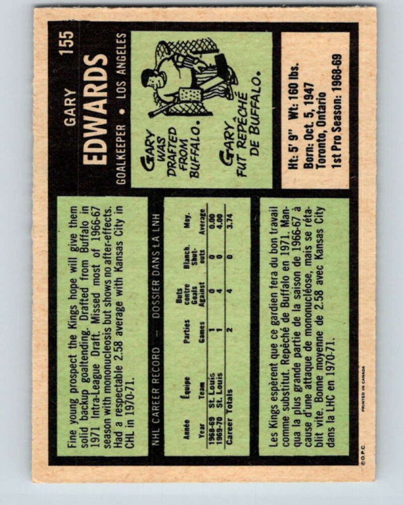1971-72 O-Pee-Chee #155 Gary Edwards RC Rookie Los Angeles Kings V9414