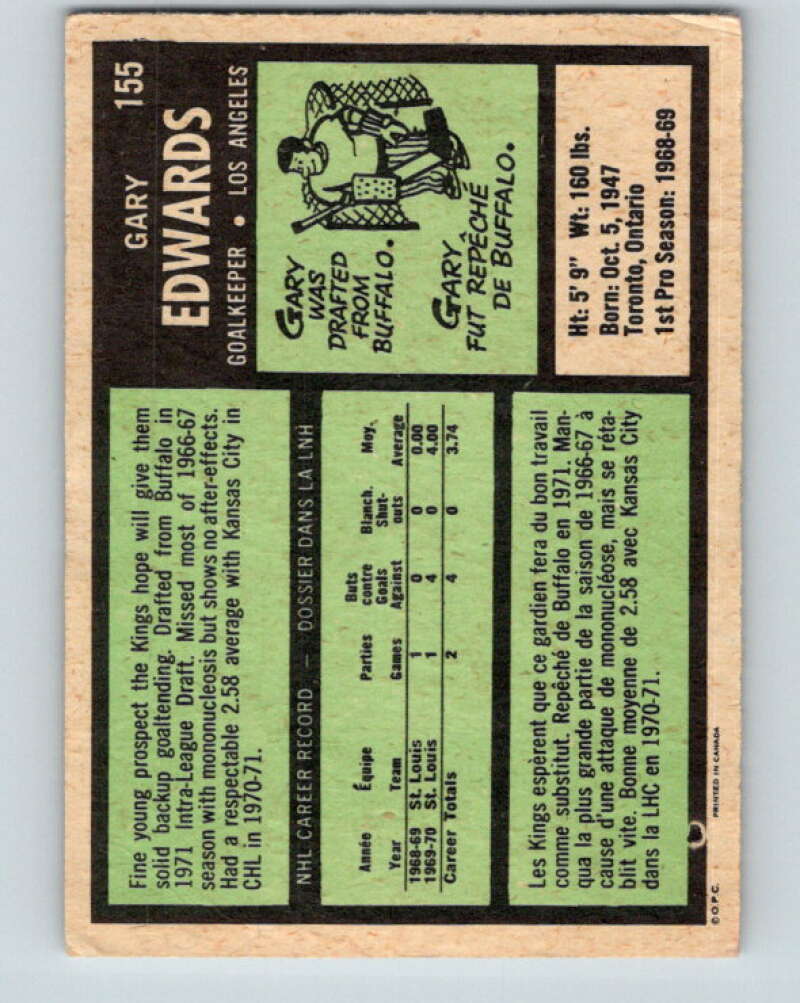 1971-72 O-Pee-Chee #155 Gary Edwards RC Rookie Los Angeles Kings V9415