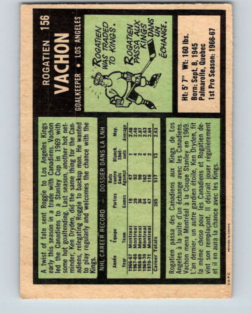 1971-72 O-Pee-Chee #156 Rogie Vachon Los Angeles Kings V9417
