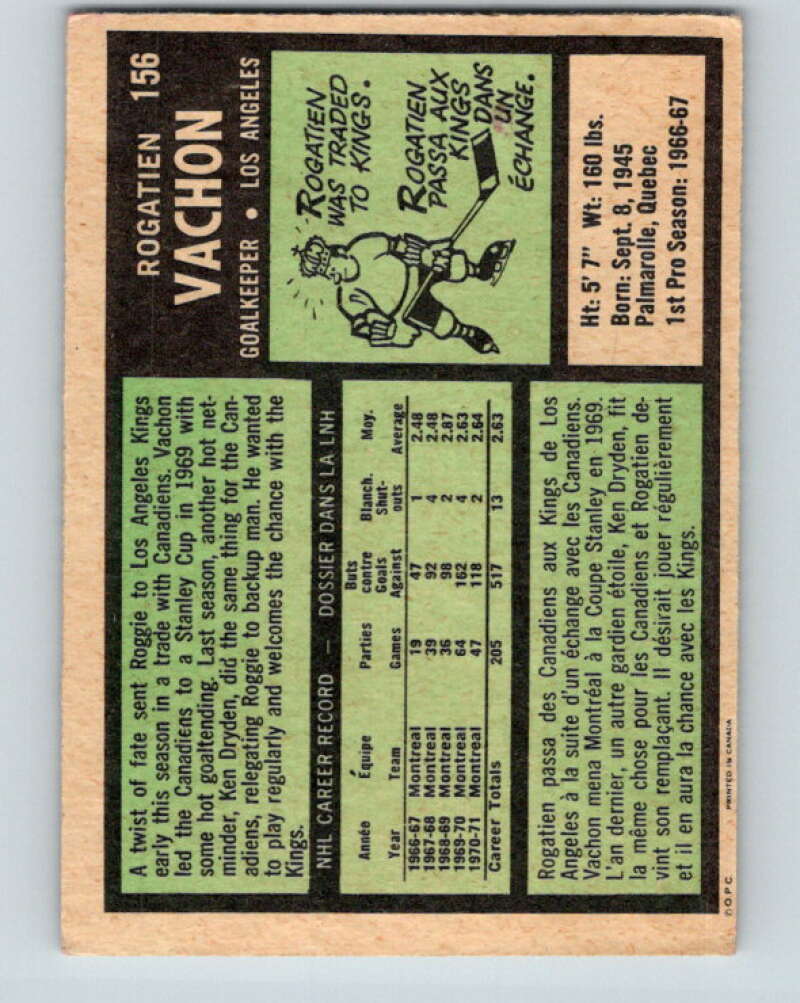 1971-72 O-Pee-Chee #156 Rogie Vachon Los Angeles Kings V9418