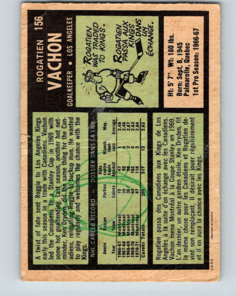 1971-72 O-Pee-Chee #156 Rogie Vachon Los Angeles Kings V9419