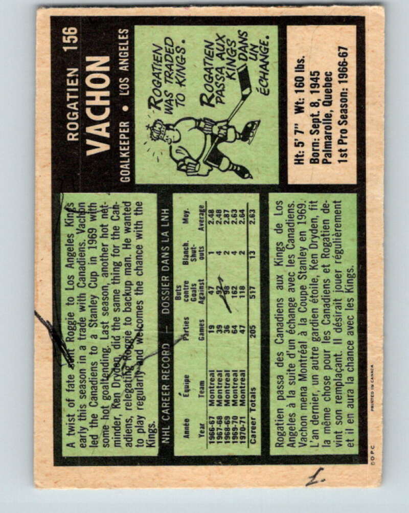 1971-72 O-Pee-Chee #156 Rogie Vachon Los Angeles Kings V9420
