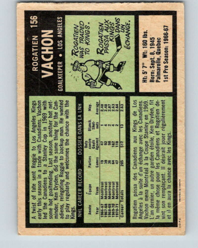 1971-72 O-Pee-Chee #156 Rogie Vachon Los Angeles Kings V9421
