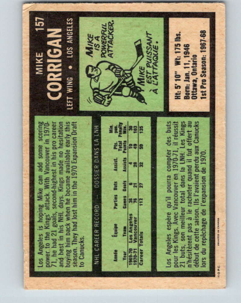 1971-72 O-Pee-Chee #157 Mike Corrigan Los Angeles Kings V9422