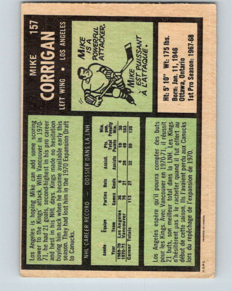 1971-72 O-Pee-Chee #157 Mike Corrigan Los Angeles Kings V9423
