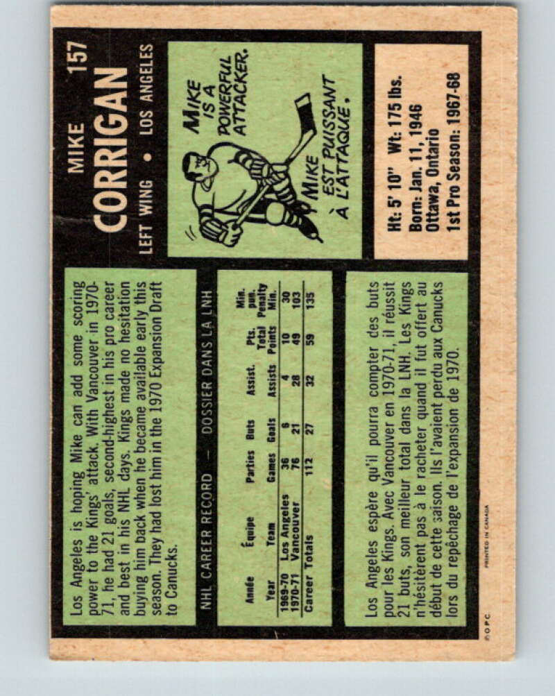 1971-72 O-Pee-Chee #157 Mike Corrigan Los Angeles Kings V9424