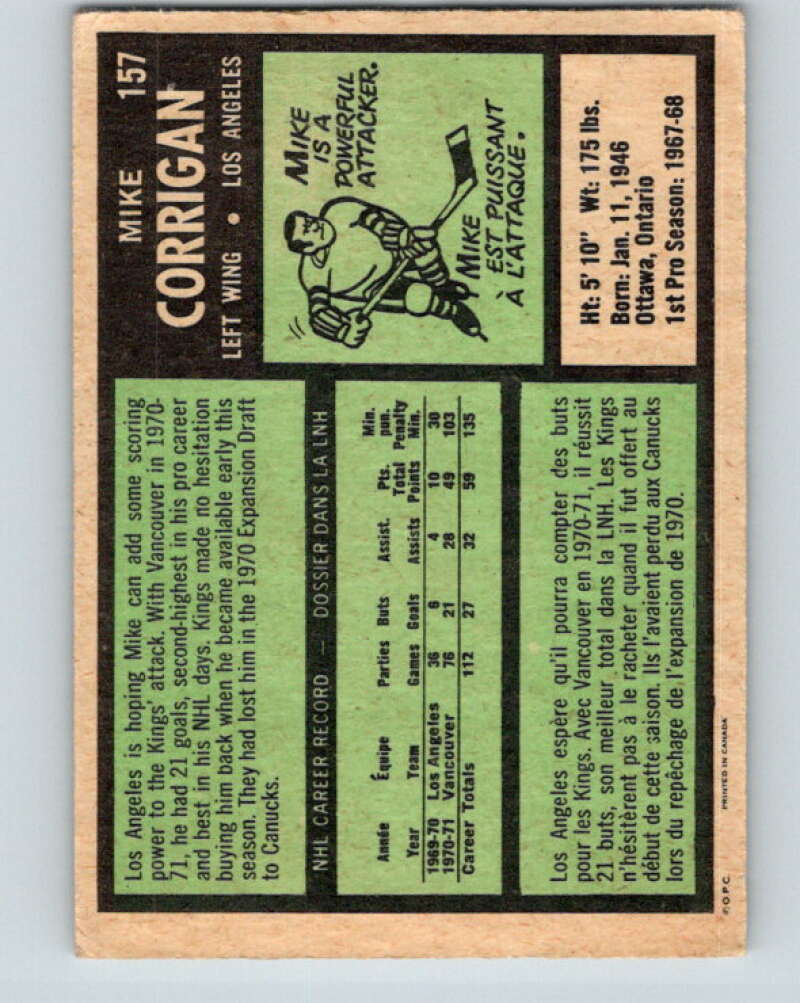 1971-72 O-Pee-Chee #157 Mike Corrigan Los Angeles Kings V9425