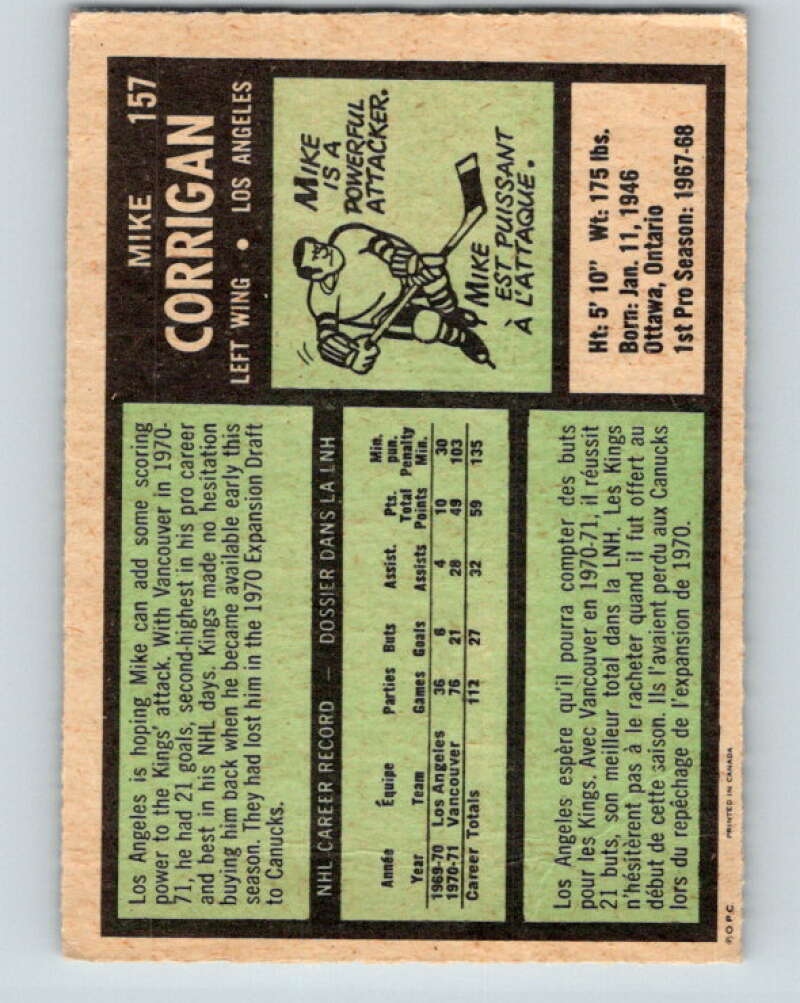 1971-72 O-Pee-Chee #157 Mike Corrigan Los Angeles Kings V9426