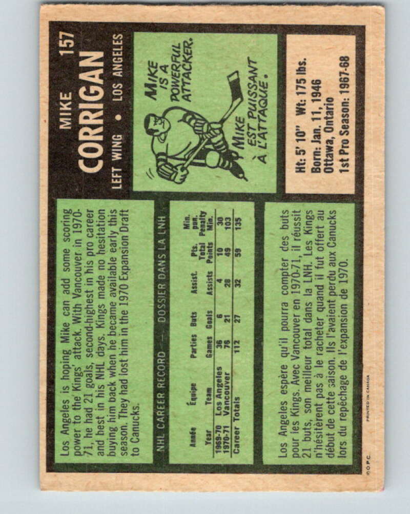 1971-72 O-Pee-Chee #157 Mike Corrigan Los Angeles Kings V9427