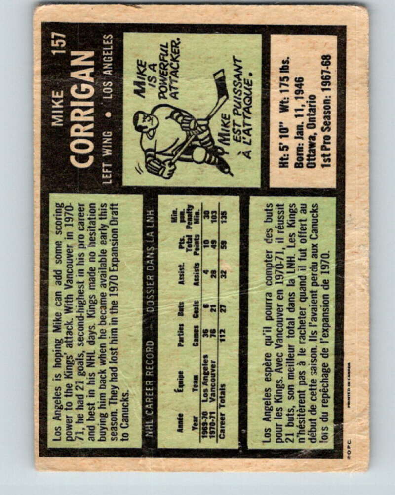 1971-72 O-Pee-Chee #157 Mike Corrigan Los Angeles Kings V9428