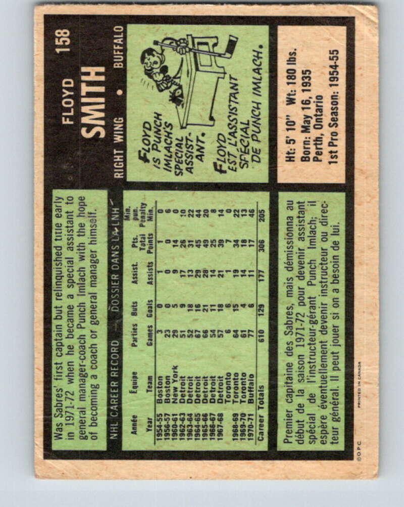 1971-72 O-Pee-Chee #158 Floyd Smith Buffalo Sabres V9429