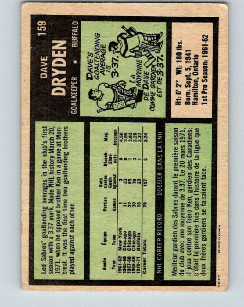 1971-72 O-Pee-Chee #159 Dave Dryden Buffalo Sabres V9432
