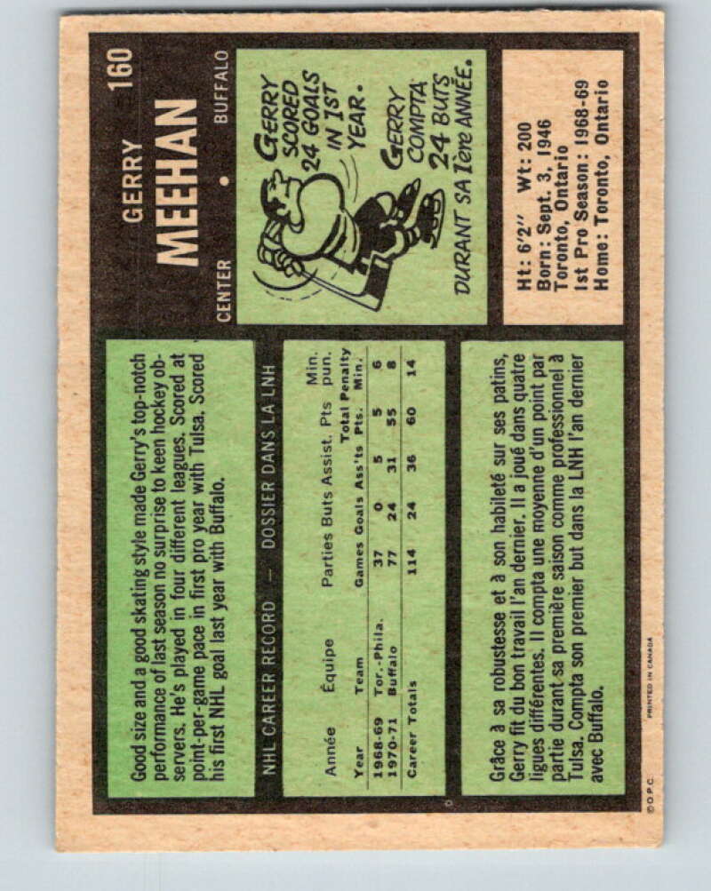 1971-72 O-Pee-Chee #160 Gerry Meehan Buffalo Sabres V9436