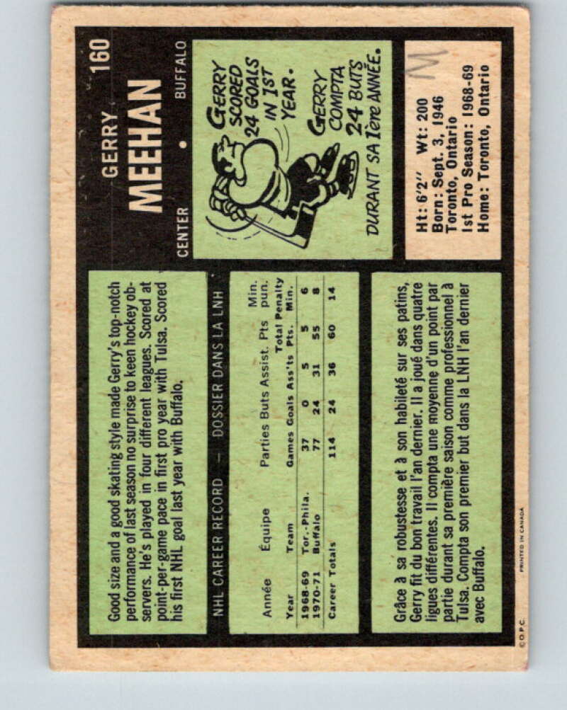 1971-72 O-Pee-Chee #160 Gerry Meehan Buffalo Sabres V9438