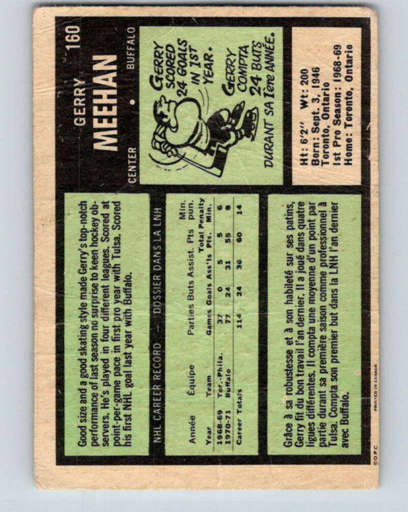 1971-72 O-Pee-Chee #160 Gerry Meehan Buffalo Sabres V9439