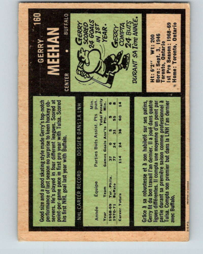 1971-72 O-Pee-Chee #160 Gerry Meehan Buffalo Sabres V9440