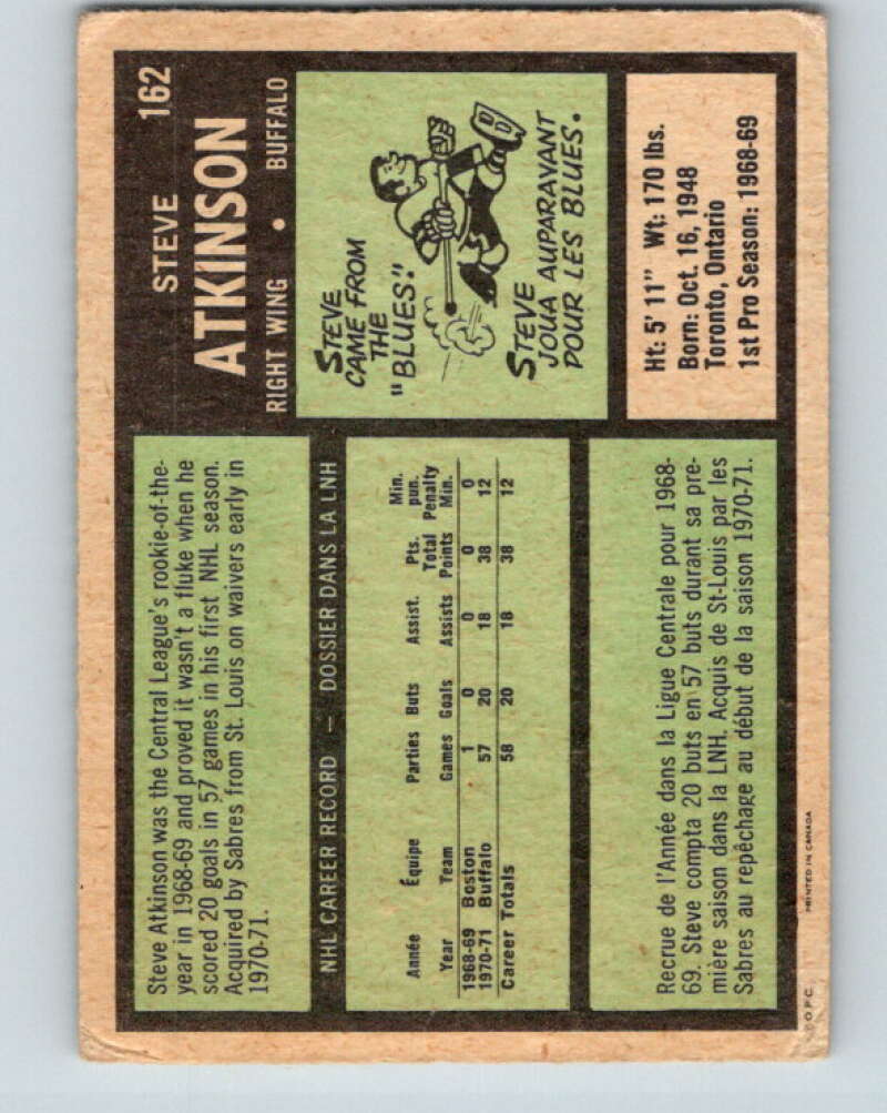 1971-72 O-Pee-Chee #162 Steve Atkinson RC Rookie Buffalo Sabres V9442