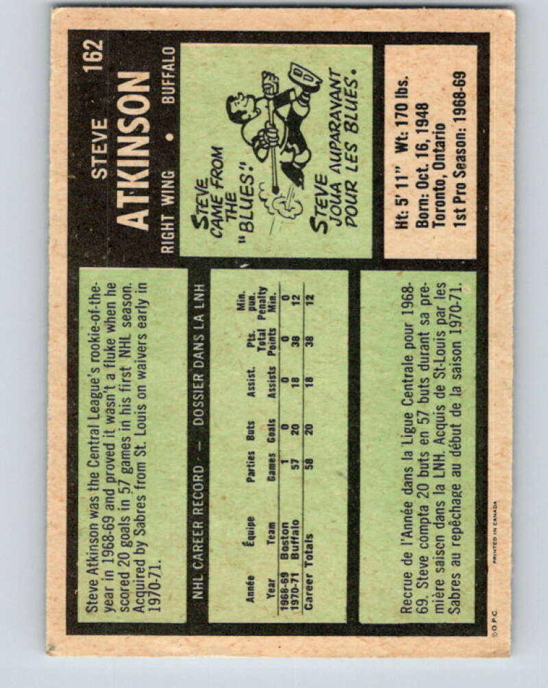1971-72 O-Pee-Chee #162 Steve Atkinson RC Rookie Buffalo Sabres V9443
