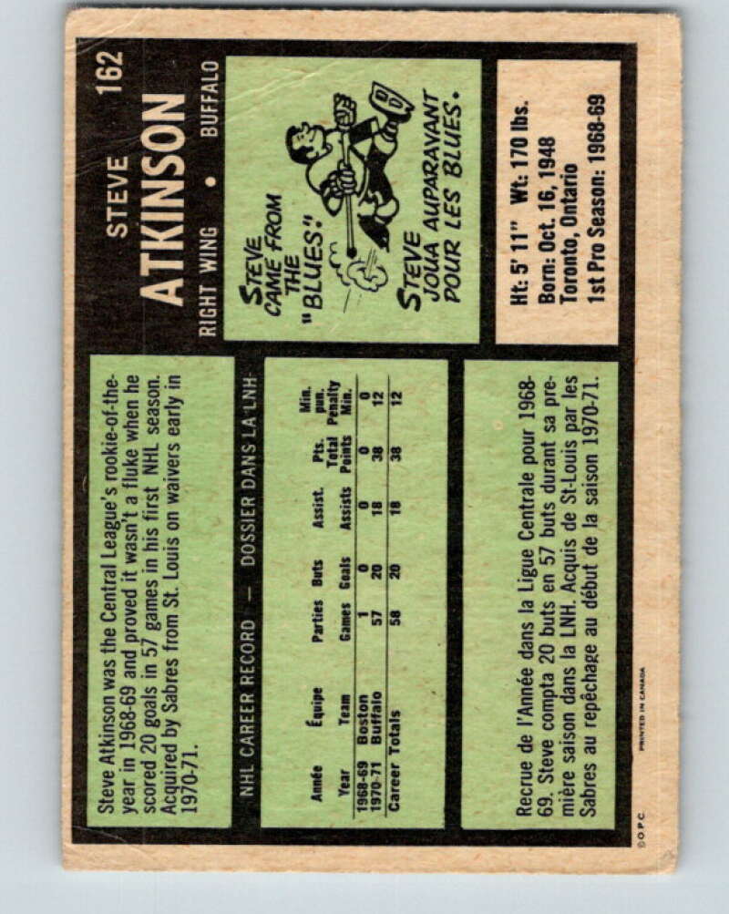 1971-72 O-Pee-Chee #162 Steve Atkinson RC Rookie Buffalo Sabres V9444