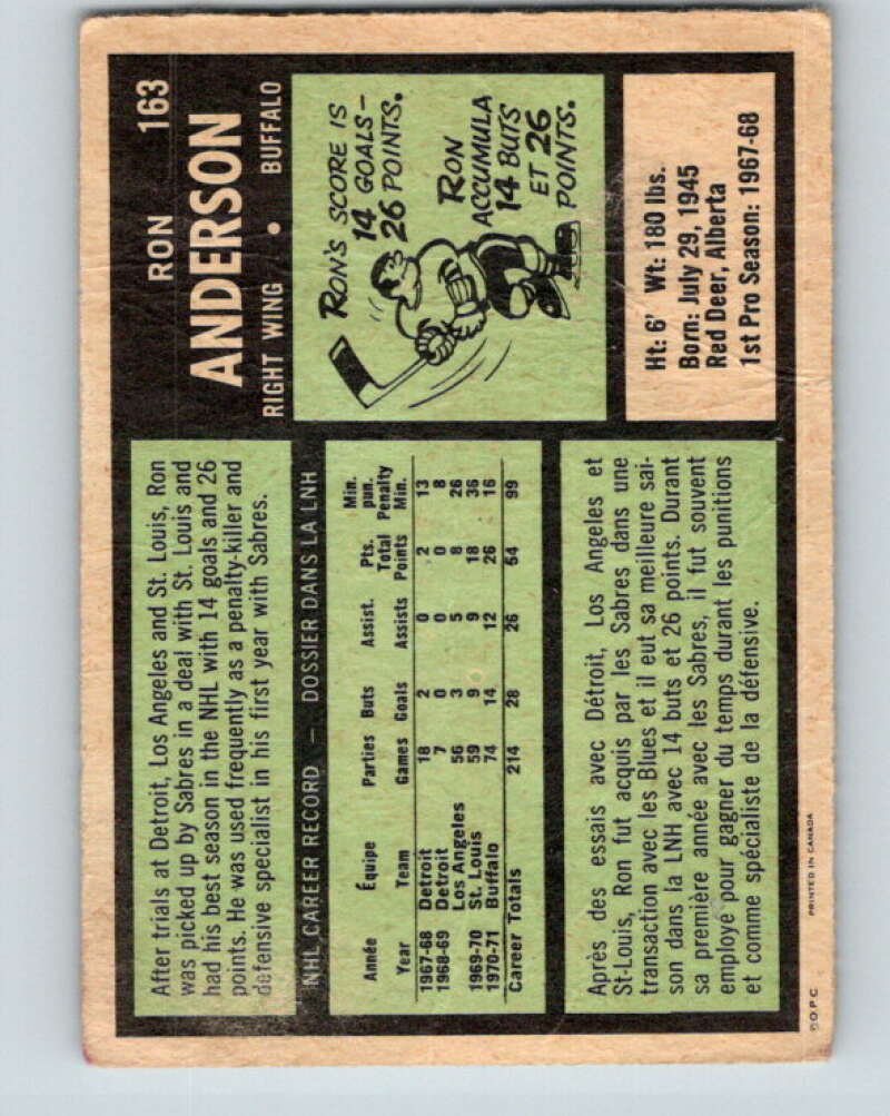 1971-72 O-Pee-Chee #163 Ron Anderson Buffalo Sabres V9448