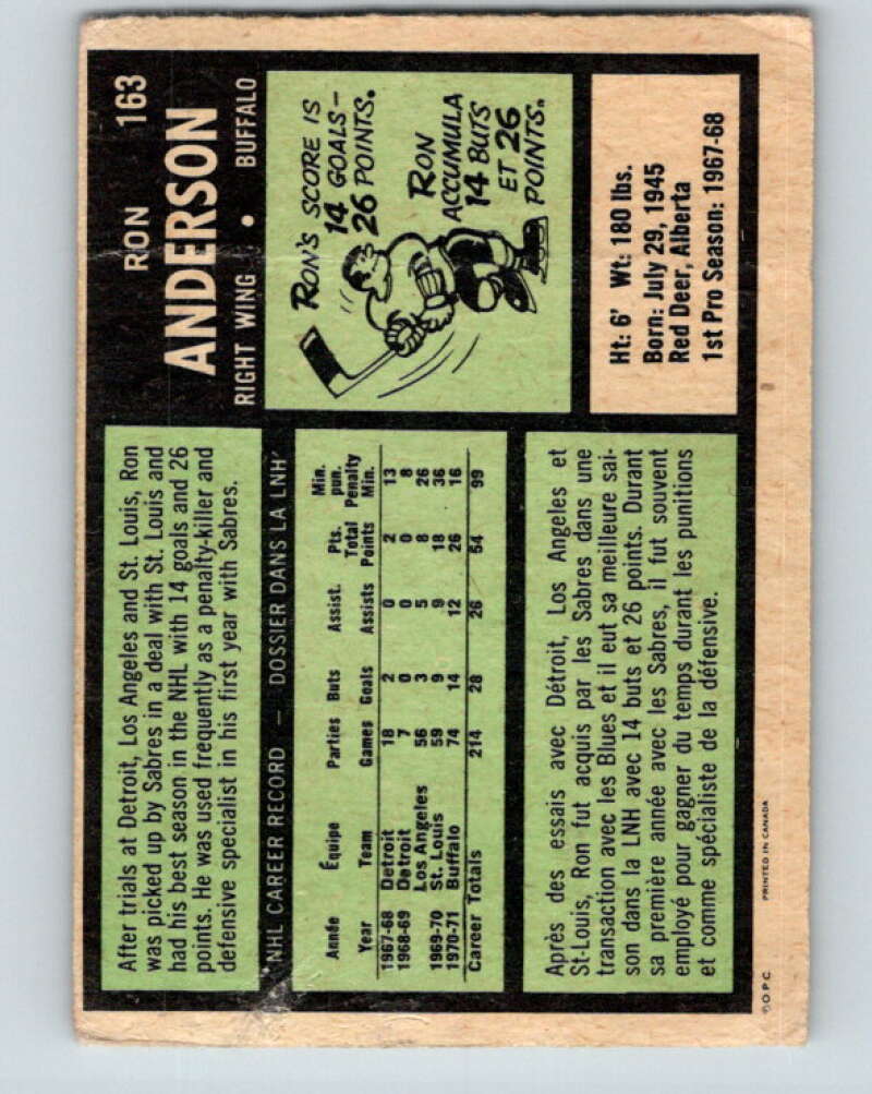 1971-72 O-Pee-Chee #163 Ron Anderson Buffalo Sabres V9449