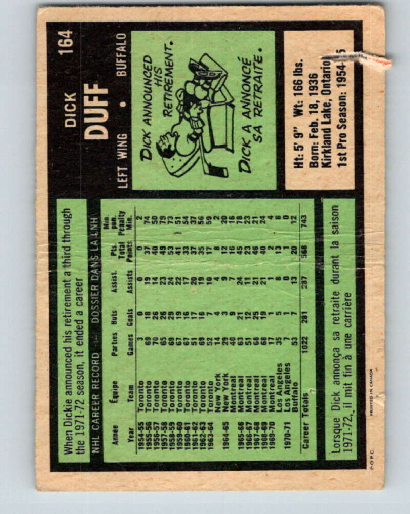 1971-72 O-Pee-Chee #164 Dick Duff Buffalo Sabres V9451