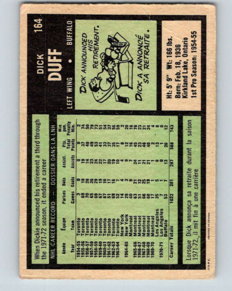 1971-72 O-Pee-Chee #164 Dick Duff Buffalo Sabres V9452