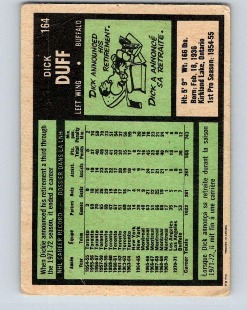 1971-72 O-Pee-Chee #164 Dick Duff Buffalo Sabres V9453