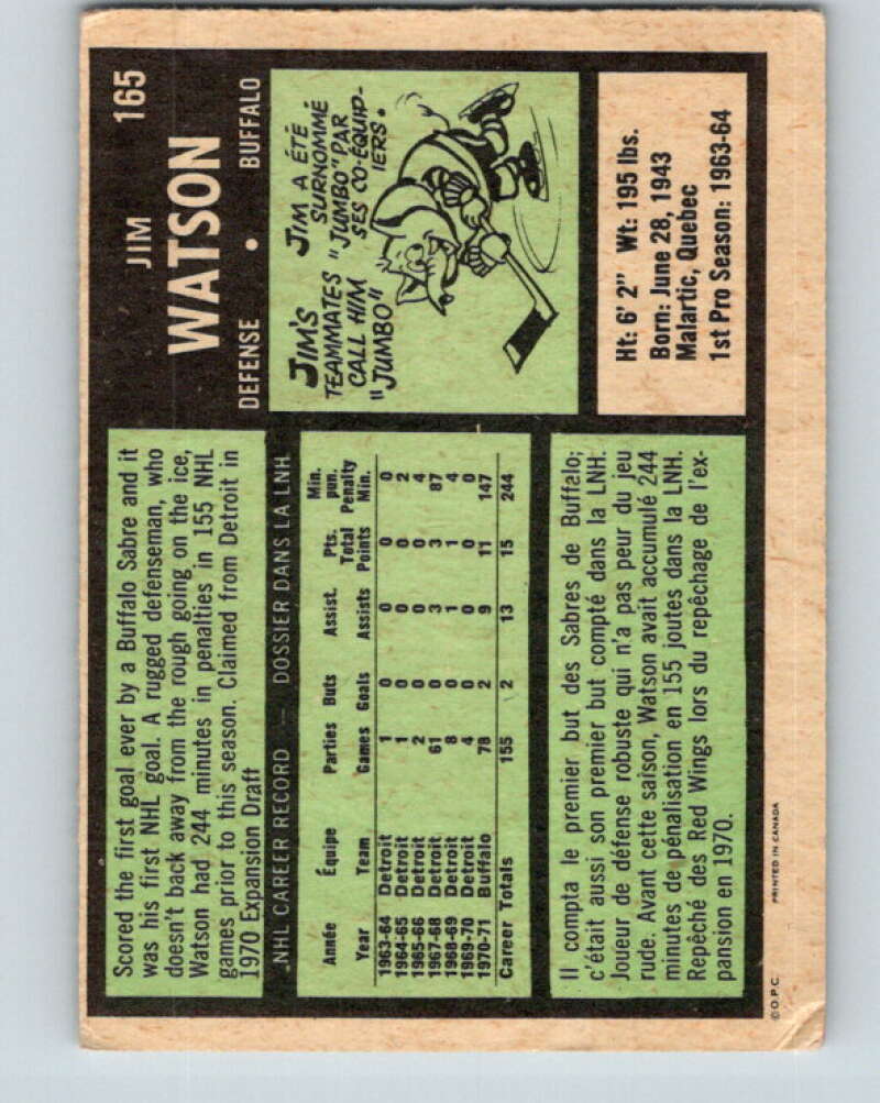 1971-72 O-Pee-Chee #165 Jim Watson Buffalo Sabres V9454