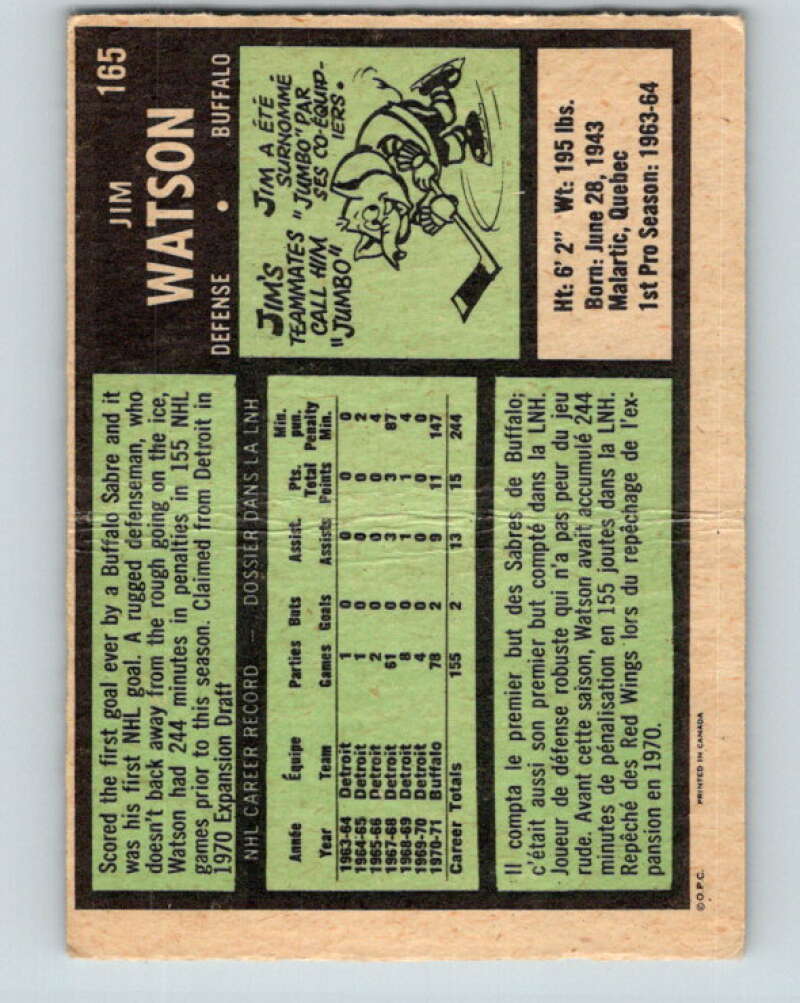 1971-72 O-Pee-Chee #165 Jim Watson Buffalo Sabres V9455