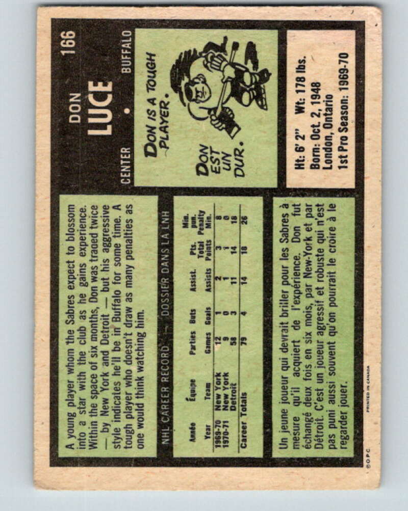 1971-72 O-Pee-Chee #166 Don Luce RC Rookie Buffalo Sabres V9456