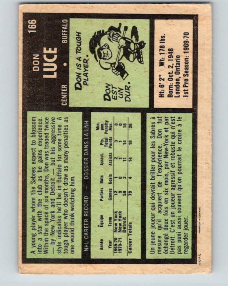 1971-72 O-Pee-Chee #166 Don Luce RC Rookie Buffalo Sabres V9457