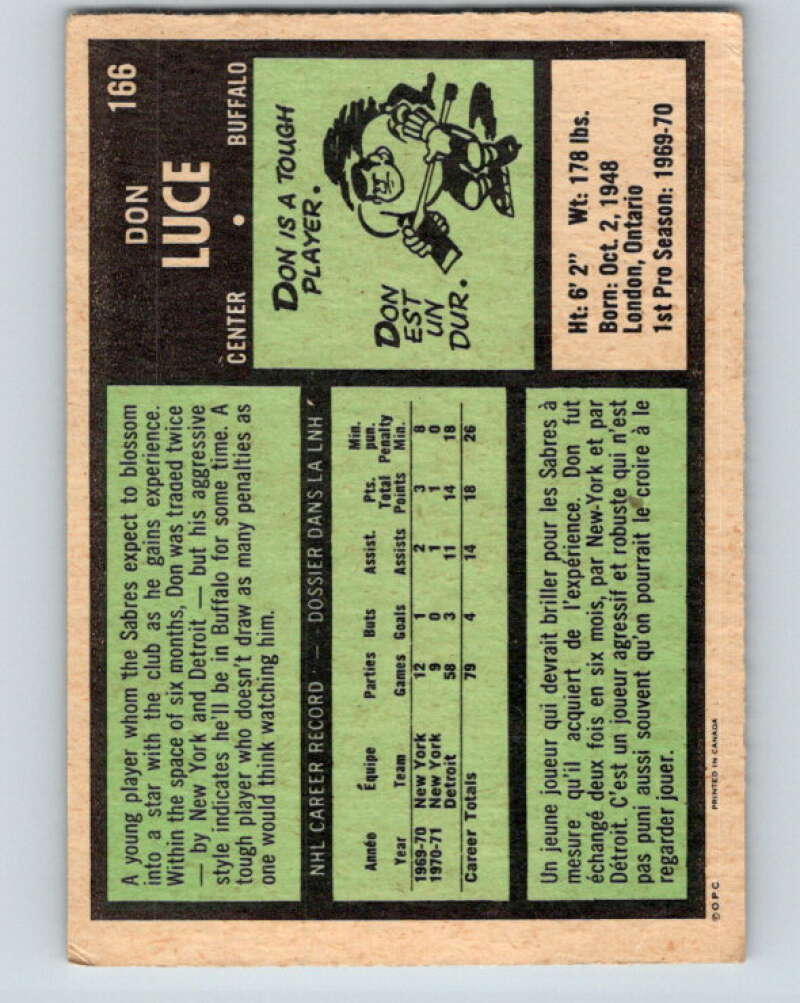 1971-72 O-Pee-Chee #166 Don Luce RC Rookie Buffalo Sabres V9458