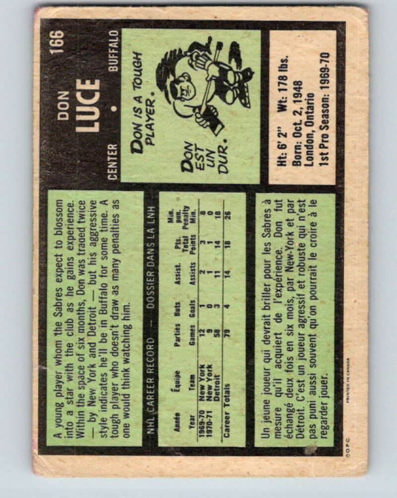 1971-72 O-Pee-Chee #166 Don Luce RC Rookie Buffalo Sabres V9459