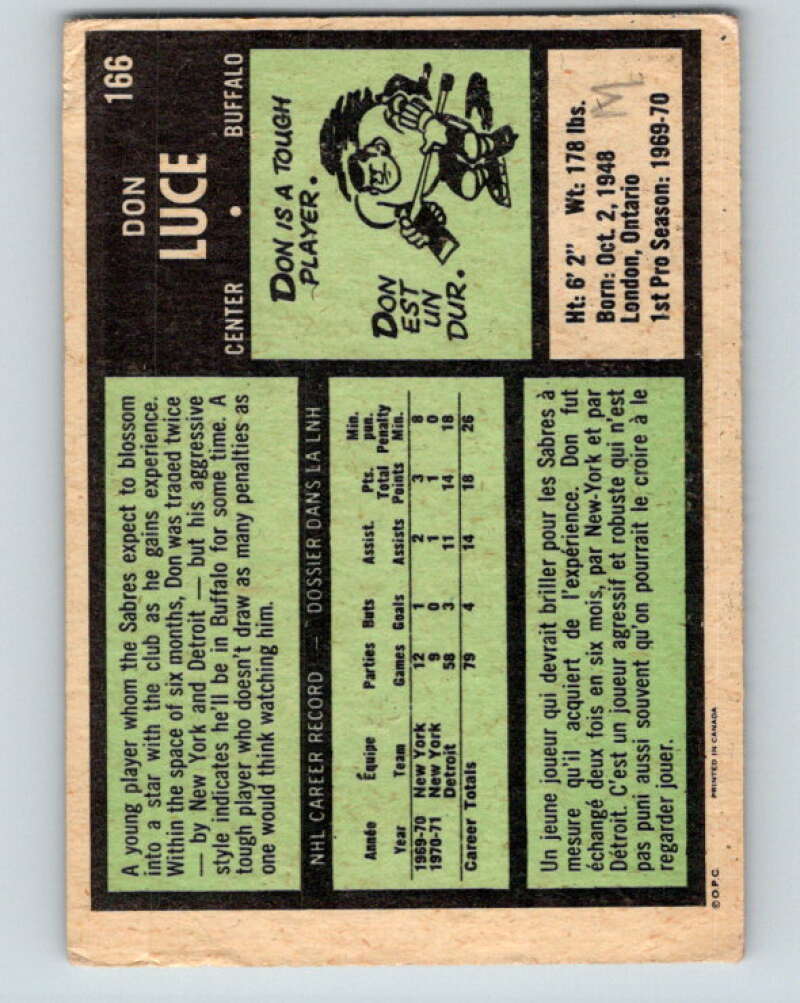 1971-72 O-Pee-Chee #166 Don Luce RC Rookie Buffalo Sabres V9460