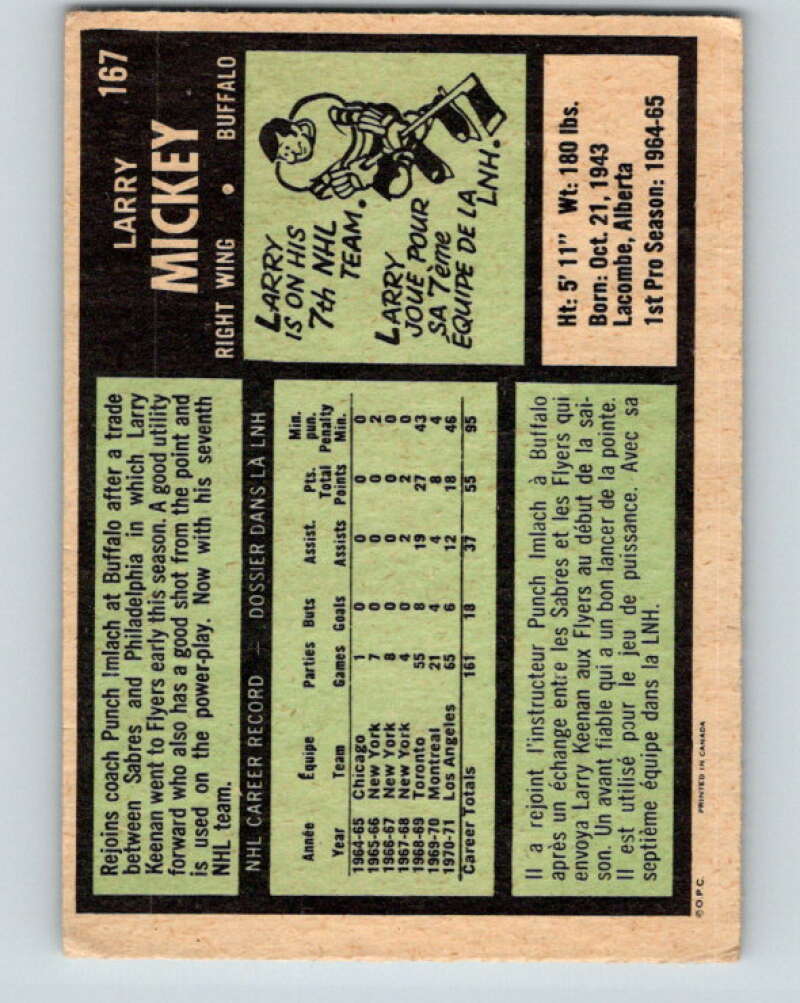 1971-72 O-Pee-Chee #167 Larry Mickey Buffalo Sabres V9462