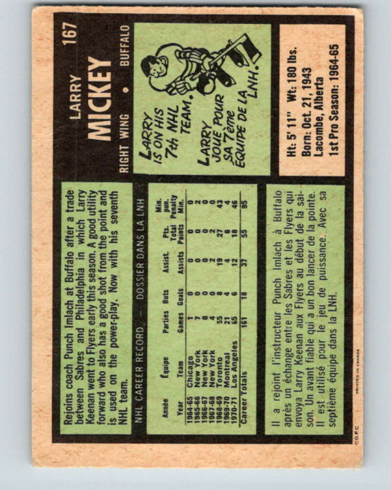 1971-72 O-Pee-Chee #167 Larry Mickey Buffalo Sabres V9463