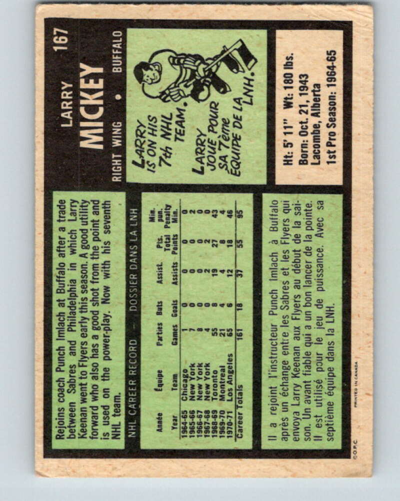 1971-72 O-Pee-Chee #167 Larry Mickey Buffalo Sabres V9464