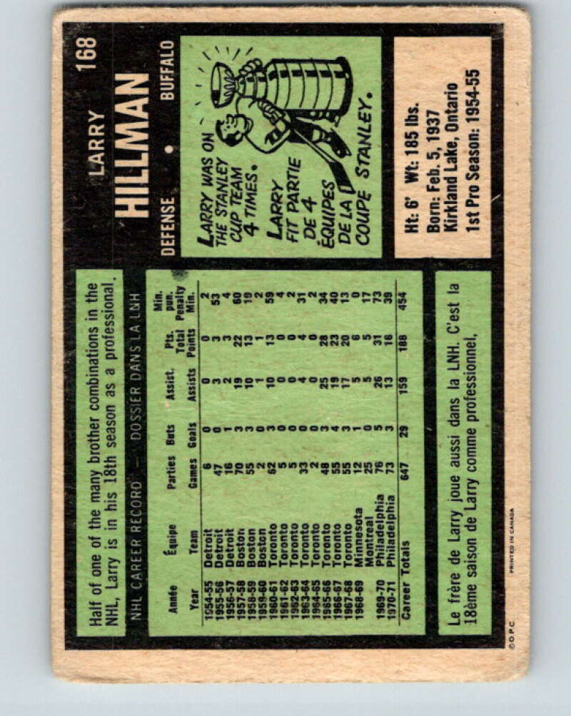 1971-72 O-Pee-Chee #168 Larry Hillman Buffalo Sabres V9465