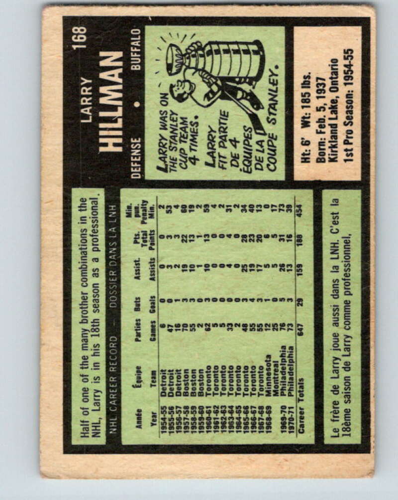 1971-72 O-Pee-Chee #168 Larry Hillman Buffalo Sabres V9466