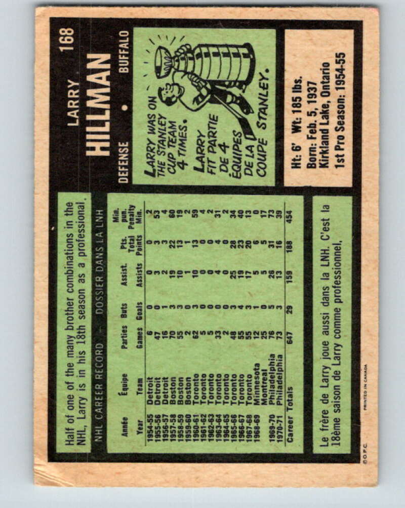 1971-72 O-Pee-Chee #168 Larry Hillman Buffalo Sabres V9467