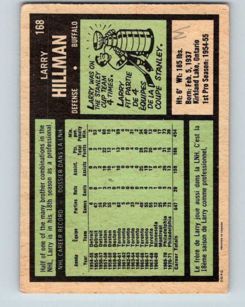 1971-72 O-Pee-Chee #168 Larry Hillman Buffalo Sabres V9469