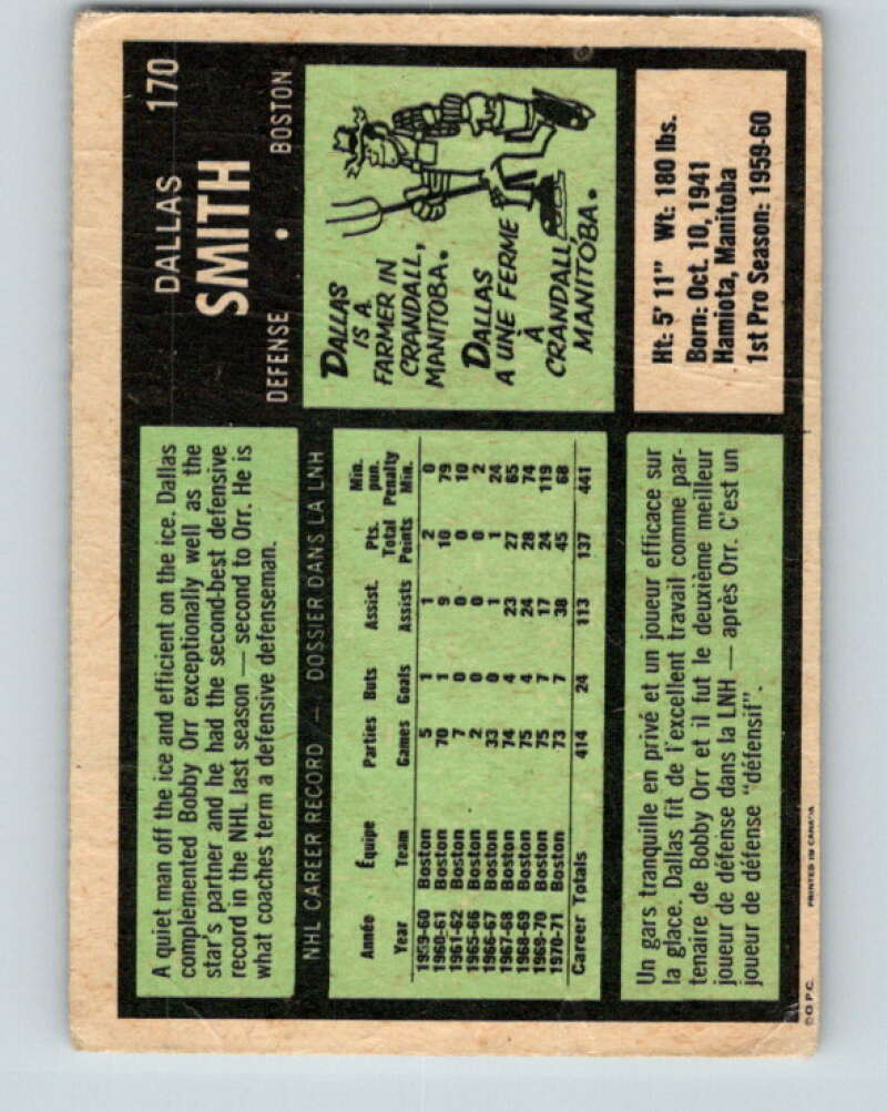 1971-72 O-Pee-Chee #170 Dallas Smith Boston Bruins V9473