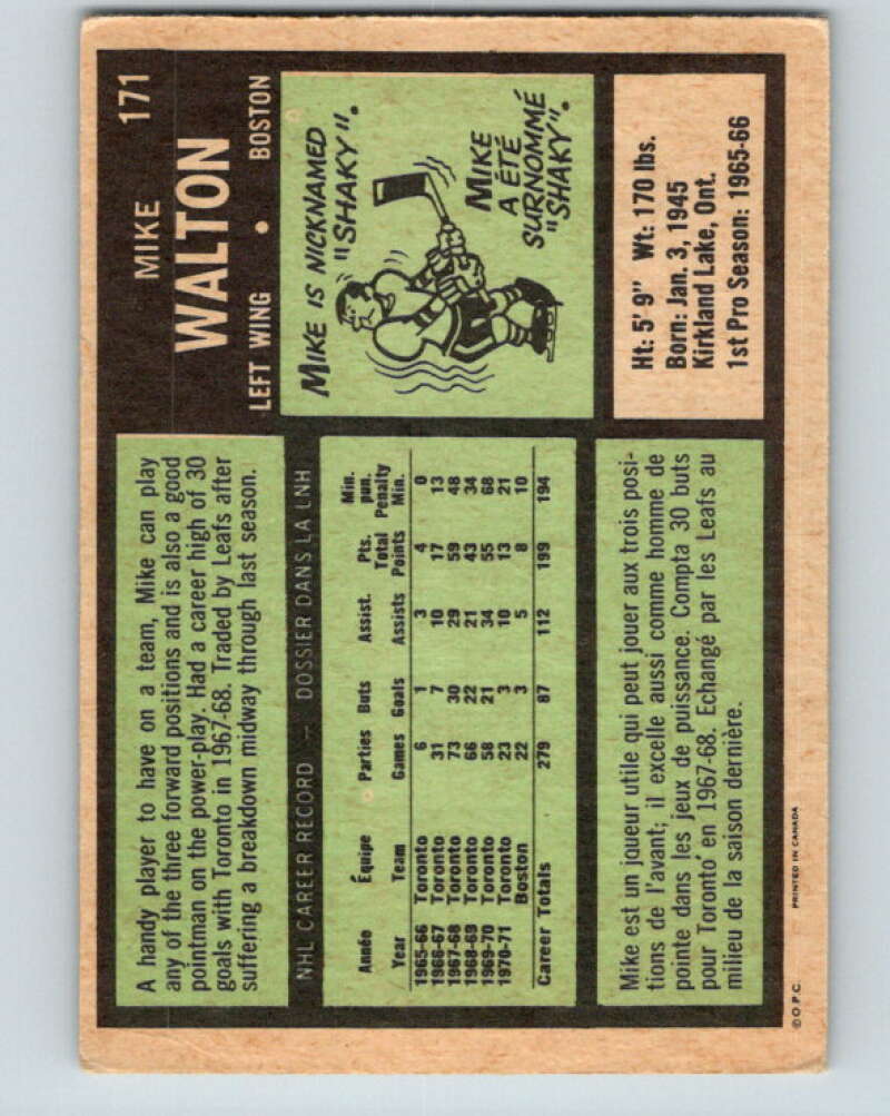 1971-72 O-Pee-Chee #171 Mike Walton Boston Bruins V9474